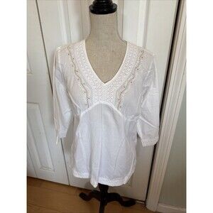 COMFY COTTON Just Class White 100% Cotton Women’s Tunic Gold Embroidery Size L